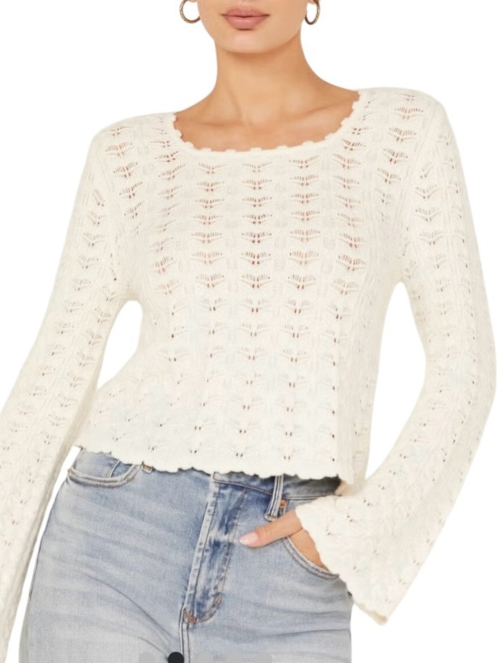 Shyanne XL Off White Pointelle Bell Sleeve Sweater NWT Boho Cottagecore Romantic